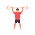 Cartoon muscular brutal man with barbell. Vector