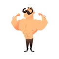 Cartoon muscular man with a mustache. Funny athletic guy. Bald man proudly shows his muscles in strong arms. flat
