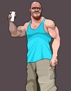 Cartoon muscular funny man stands and demonstrates a jar in his hand