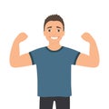 Cartoon muscular man. Funny athletic guy. Happy man proudly shows his muscles in strong arms. Royalty Free Stock Photo