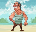 Cartoon muscular man happily smiling while standing on the beach