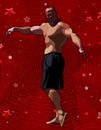 Cartoon muscular man in shorts posing dancing on a red background with stars