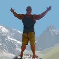 Cartoon muscular man standing high in the mountains