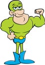 Cartoon muscular strongman in a costume making a muscle.