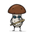 Cartoon mushroom with a baseball bat and wearing glasses.