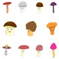 Cartoon mushrooms. Edible and poisonous mushrooms. Funny mushrooms with cute faces. Royalty Free Stock Photo