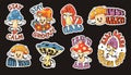 Cartoon mushrooms stickers. Groovy fungi, stay calm and good vibes print designs with funny mushroom characters vector