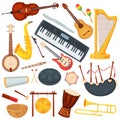 Cartoon musical instruments, classic orchestra music elements. Saxophone, trombone, harp, bongo drum, acoustic guitar