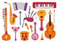 Cartoon musical instruments. Composer instrument, guitar and violin. Isolated accordion, band music elements. Flute Royalty Free Stock Photo