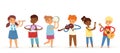 Cartoon musician kids, vector illustration for children music. Boys and girls music band. Set of cute school musical Royalty Free Stock Photo