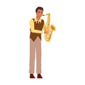 Cartoon musician with trumpet instrument, flat design