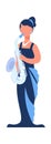 Cartoon musician. Woman with saxophone. Female playing music. Cute character holding musical instrument. Symphonic