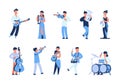 Cartoon musicians. Men and women playing musical instruments, street musicians and orchestra members. Vector symphony