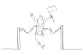 Cartoon of muslim business woman holding number flag first place in finish line. Single line art style Royalty Free Stock Photo