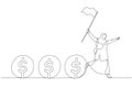 Cartoon of muslim business woman leader holding flag control flow of money concept of cash flow. Single continuous line art