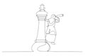 Cartoon of muslim business woman leader on king chess piece using telescope to see business strategy. Business planning decision