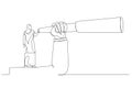 Cartoon of muslim businesswoman climbed onto the giant arm to vision the distance. Single line art style