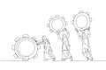 Cartoon of muslim businesswoman and colleague people holding cogwheels gear teamwork make dreamwork organization. Single line art
