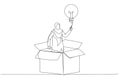 Cartoon of muslim businesswoman get out of paper box with new illumination lightbulb idea. Think outside the box. Continuous line