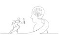 Cartoon of muslim businesswoman hold arrow running up stairway to the target on human head. Metaphor for growth, success, target,