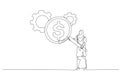 Cartoon of muslim businesswoman with magnifier showing dollar money reflection looking at gear cogwheel concept of cost efficient