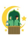 Cartoon muslim couple with crescent moon, stars and in a white background