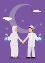 Cartoon muslim couple holding lantern with crescent moon, stars and in background. Ramadan fasting greeting card