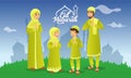 Eid mubarak greeting card. Cartoon muslim family celebrating Eid al fitr with mosque as background. Vector illustration for Eid gr