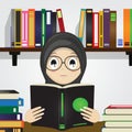 Cartoon of Muslim Girl Reading a Book.