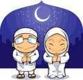 Cartoon of Muslim Man Woman Greeting Ramadan