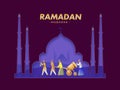 Cartoon Muslim Men Beating Tabu Debug (Drum) on the Occasion Of Ramadan Mubarak in front Mosque Royalty Free Stock Photo