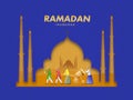 Cartoon Muslim Men Beating Tabu Debug (Drum) on the Occasion Of Ramadan Mubarak in front Mosque Royalty Free Stock Photo