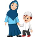 Cartoon Muslim mother with her son