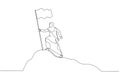 Cartoon of muslim woman enterpreneur standing on the top of mountain peak holding flag like conqueror. One continuous line art