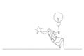 Cartoon of muslim woman flying with lightbulb idea to catch star in the sky. Metaphor for innovation. Single line art style