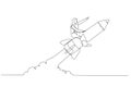 Cartoon of muslim woman riding pencil rocket flying in the sky concept of education. Single line art style