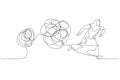 Cartoon of muslim woman running away from tangled line ball concept of avoid problem. Single continuous line art