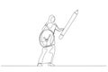 Cartoon of muslim woman using pencil as sword and clock as shield concept of procrastination or time management. Single line art