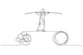 Cartoon of muslim woman walk on tight rope balancing between problem. Single line art style