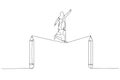 Cartoon of muslim woman walk tightrope between pencils concept of struggle in creativity. Single line art style