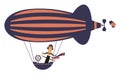 Funny mustache man flies on the airship illustration Royalty Free Stock Photo