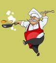 Cartoon mustachioed chef joy jumping with a frying pan