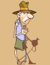 Cartoon mustachioed grandfather with the help of sticks to walk