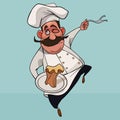 Cartoon mustachioed man in cook clothes with a dish in his hand Royalty Free Stock Photo