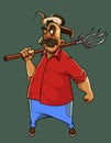 Cartoon mustachioed man farmer stands with a pitchfork on his shoulder