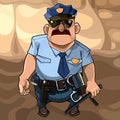 Cartoon mustachioed man in a police uniform with sunglasses with the truncheon
