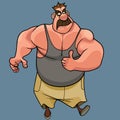 Cartoon mustachioed muscular man bodybuilder in tank top showing thumbs up