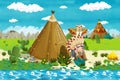 Cartoon native american character near his tee pee in the wilderness and bad cowboy with a gun and his horse Royalty Free Stock Photo