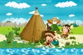 Cartoon native american character near his tee pee in the wilderness Royalty Free Stock Photo