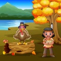 Cartoon native american indian girl with turkey bird